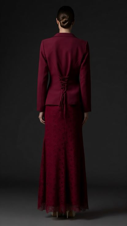 Bordo Broş Düğmeli Ceketli Abiye Elbise